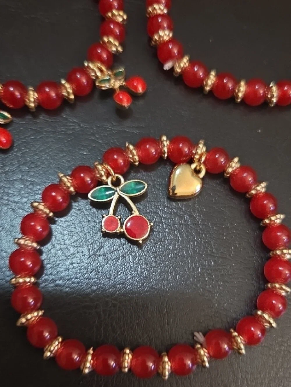 Red Cherry Charm Bracelet Set w Gold Heart 3 Piece Set, 7 Inch Wrist Adjustable
